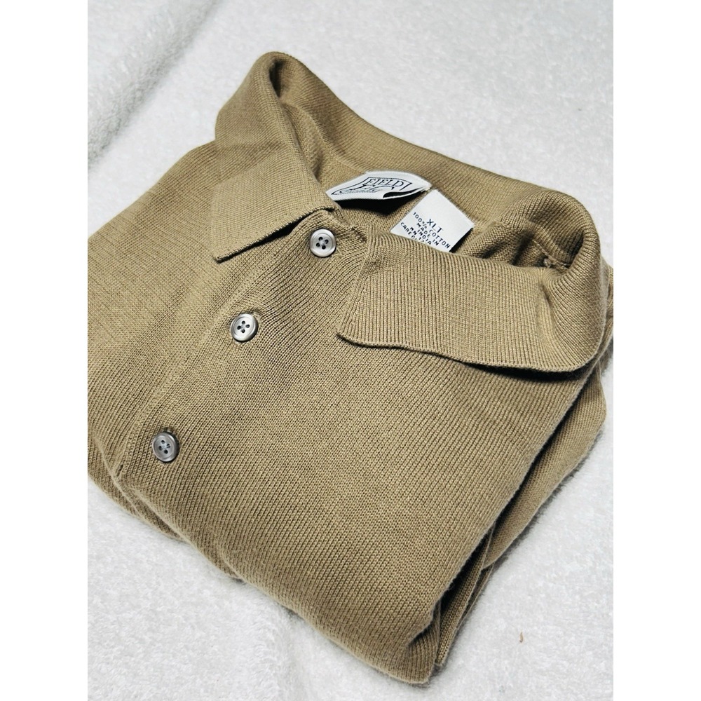 Vintage Field Gear Long Sleeve Polo Shirt XL Mustard Brown Ribbed Cuff Fine Knit